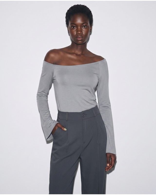Μπλούζα viscose μακρυμάνικη με καμπάνα μανίκι silver
