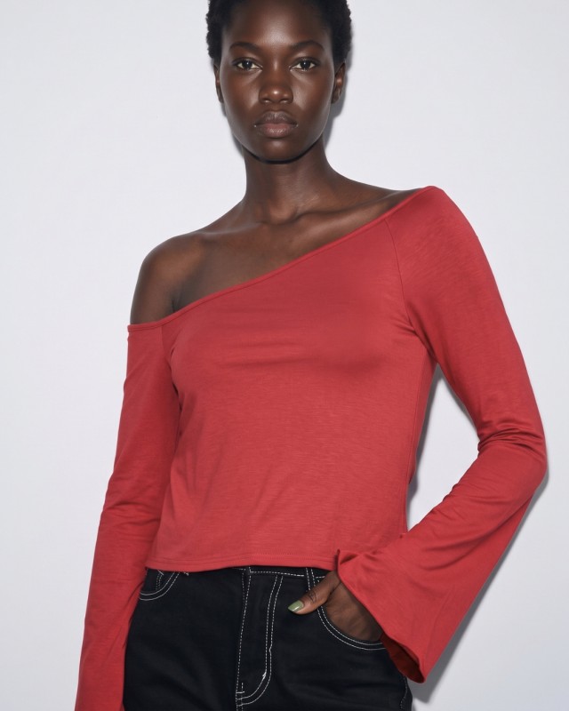 Μπλούζα viscose μακρυμάνικη με καμπάνα μανίκι Cherry σκούρο