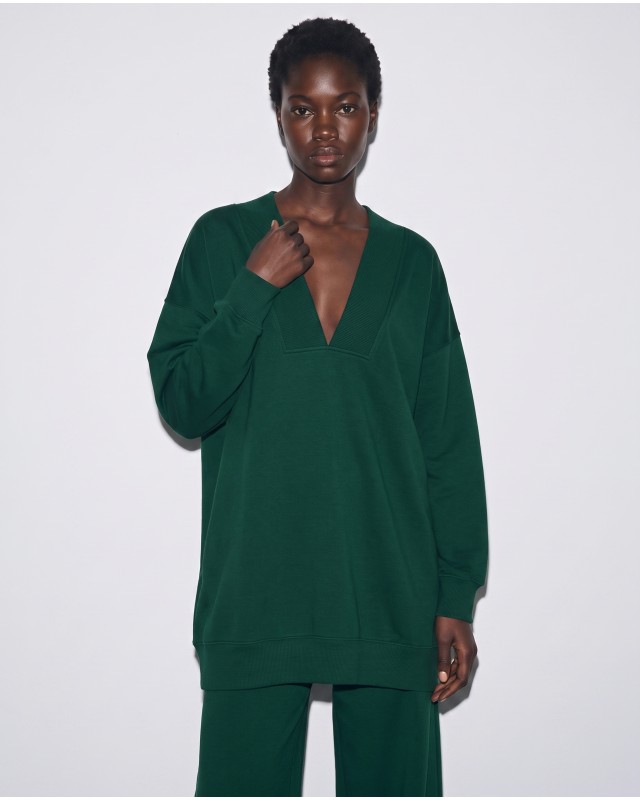 Μπλούζα φούτερ αχνούδιαστο μακρυμάνικο oversized με ανοιχτή "V" λαιμόκοψη κυπαρισσί