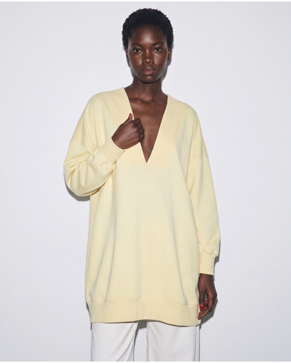 Μπλούζα φούτερ αχνούδιαστο μακρυμάνικο oversized με ανοιχτή "V" λαιμόκοψη λαδί