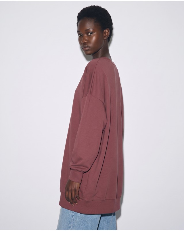 Μπλούζα φούτερ αχνούδιαστο μακρυμάνικο oversized με ανοιχτή "V" λαιμόκοψη σάπιο μήλο
