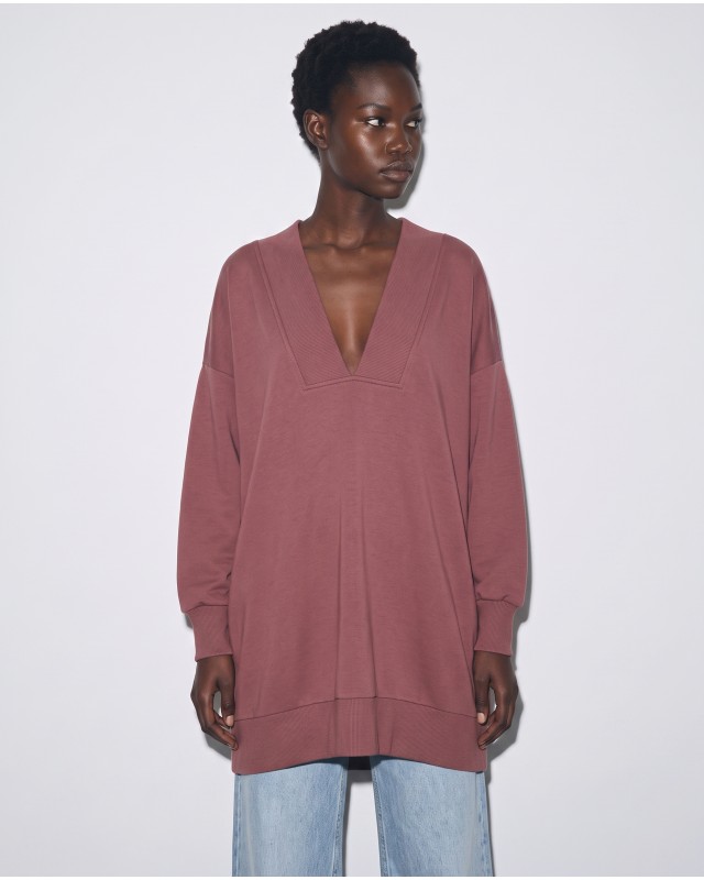 Μπλούζα φούτερ αχνούδιαστο μακρυμάνικο oversized με ανοιχτή "V" λαιμόκοψη σάπιο μήλο