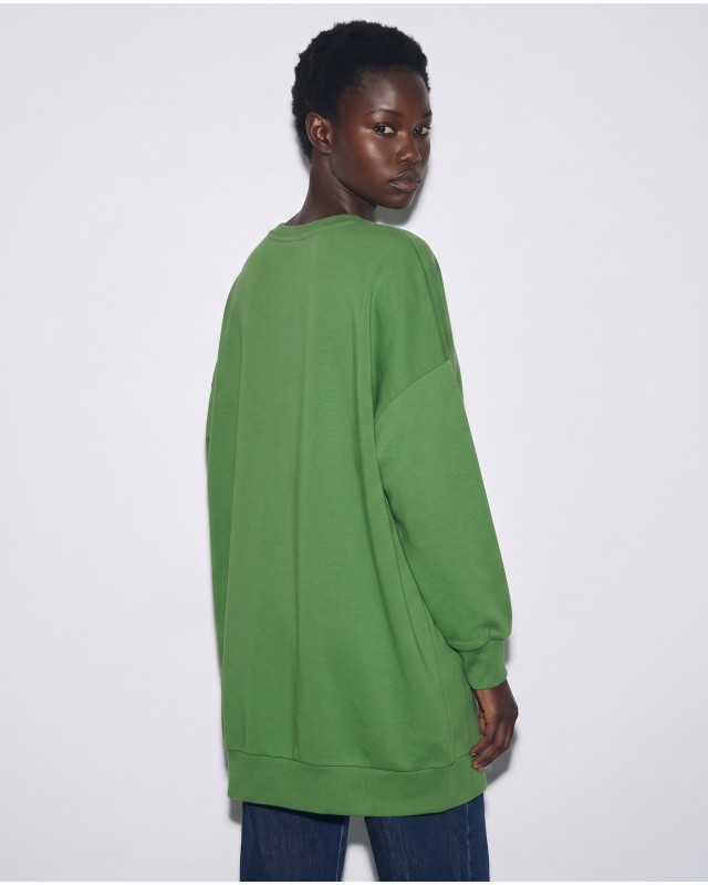 Μπλούζα φούτερ αχνούδιαστο μακρυμάνικο oversized με ανοιχτή "V" λαιμόκοψη λαδί