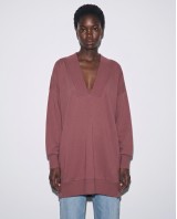 Μπλούζα φούτερ αχνούδιαστο μακρυμάνικο oversized με ανοιχτή "V" λαιμόκοψη σάπιο μήλο