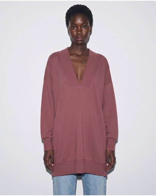 Μπλούζα φούτερ αχνούδιαστο μακρυμάνικο oversized με ανοιχτή "V" λαιμόκοψη σάπιο μήλο