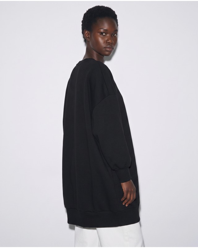 Μπλούζα φούτερ αχνούδιαστο μακρυμάνικο oversized με ανοιχτή "V" λαιμόκοψη μαύρο