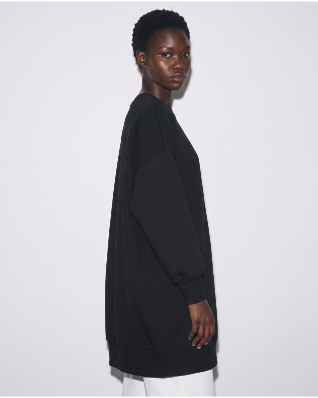 Μπλούζα φούτερ αχνούδιαστο μακρυμάνικο oversized με ανοιχτή "V" λαιμόκοψη μαύρο