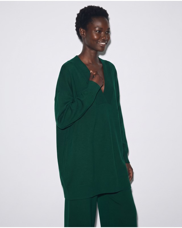 Μπλούζα φούτερ αχνούδιαστο μακρυμάνικο oversized με ανοιχτή "V" λαιμόκοψη κυπαρισσί