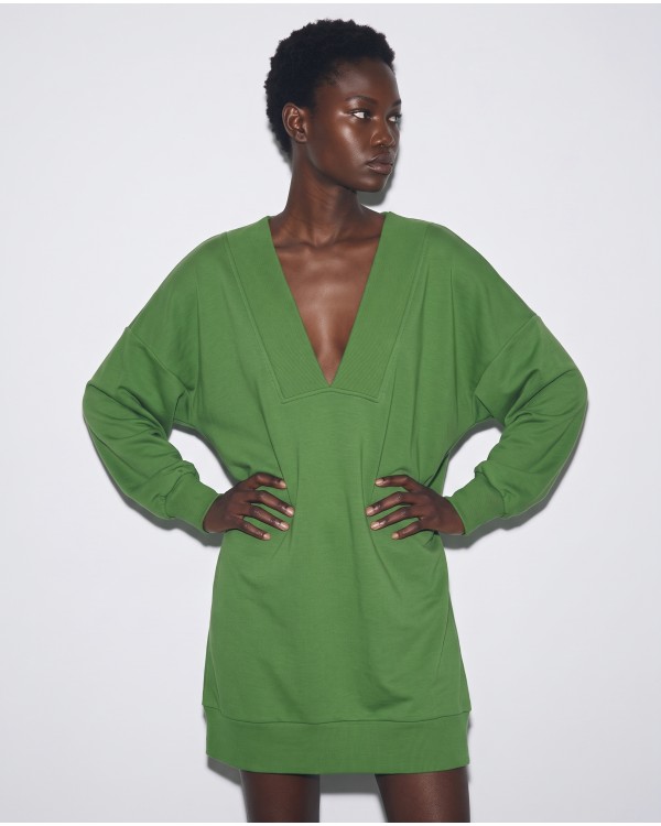 Μπλούζα φούτερ αχνούδιαστο μακρυμάνικο oversized με ανοιχτή "V" λαιμόκοψη λαδί