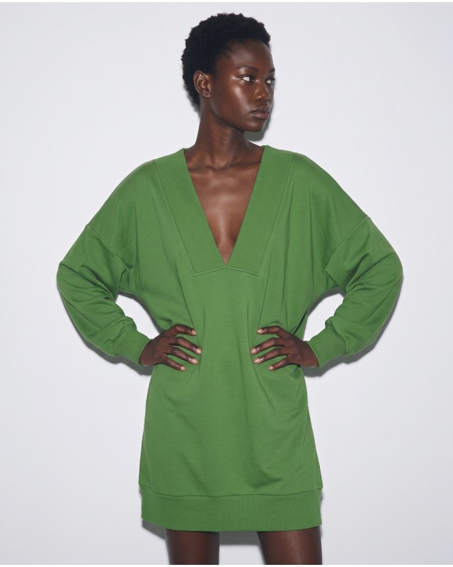 Μπλούζα φούτερ αχνούδιαστο μακρυμάνικο oversized με ανοιχτή "V" λαιμόκοψη λαδί