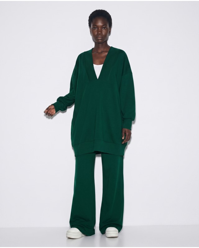 Μπλούζα φούτερ αχνούδιαστο μακρυμάνικο oversized με ανοιχτή "V" λαιμόκοψη κυπαρισσί