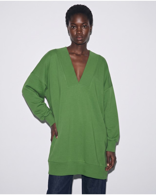 Μπλούζα φούτερ αχνούδιαστο μακρυμάνικο oversized με ανοιχτή "V" λαιμόκοψη λαδί