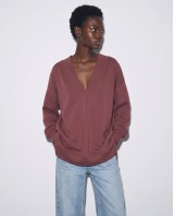 Μπλούζα φούτερ αχνούδιαστο μακρυμάνικο oversized με ανοιχτή "V" λαιμόκοψη σάπιο μήλο
