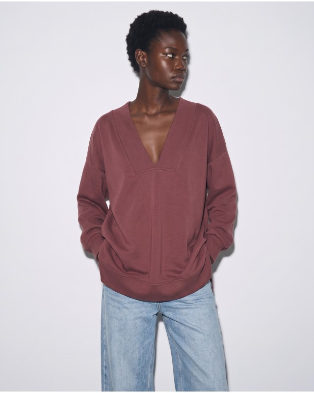 Μπλούζα φούτερ αχνούδιαστο μακρυμάνικο oversized με ανοιχτή "V" λαιμόκοψη σάπιο μήλο