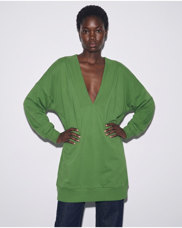Μπλούζα φούτερ αχνούδιαστο μακρυμάνικο oversized με ανοιχτή "V" λαιμόκοψη λαδί