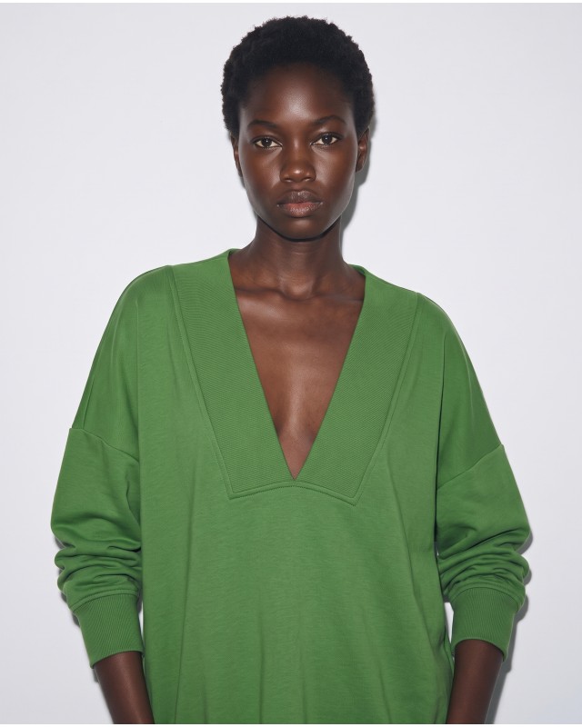 Μπλούζα φούτερ αχνούδιαστο μακρυμάνικο oversized με ανοιχτή "V" λαιμόκοψη λαδί