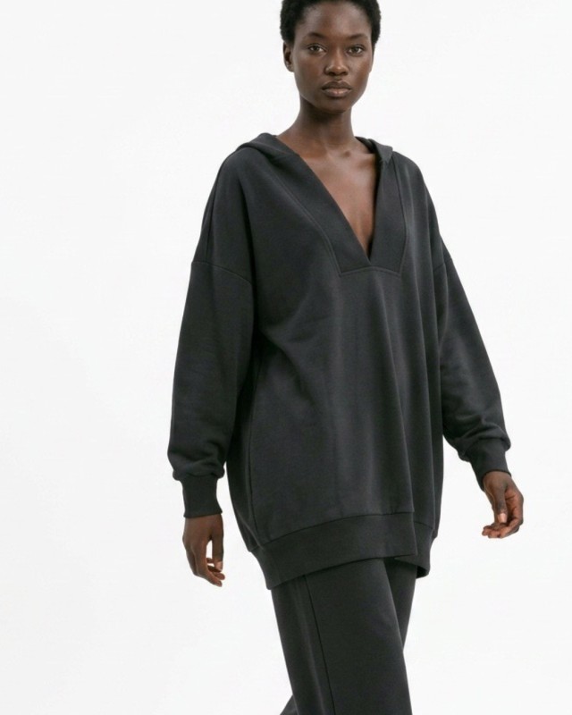 Μπλούζα φούτερ αχνούδιαστο μακρυμάνικο oversized με ανοιχτή "V" λαιμόκοψη ανθρακί