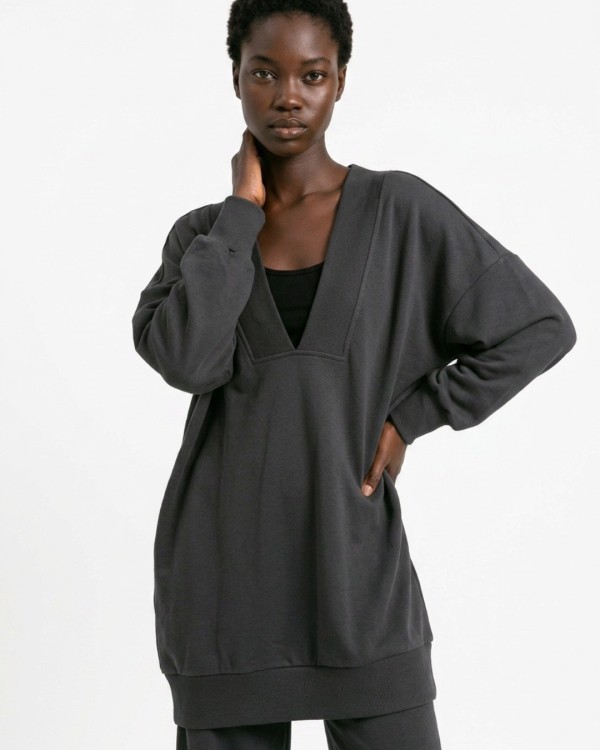 Μπλούζα φούτερ αχνούδιαστο μακρυμάνικο oversized με ανοιχτή "V" λαιμόκοψη λαδί