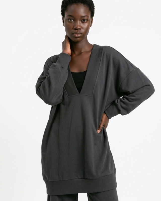 Μπλούζα φούτερ αχνούδιαστο μακρυμάνικο oversized με ανοιχτή "V" λαιμόκοψη ανθρακί