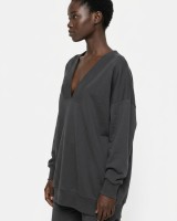 Μπλούζα φούτερ αχνούδιαστο μακρυμάνικο oversized με ανοιχτή "V" λαιμόκοψη ανθρακί