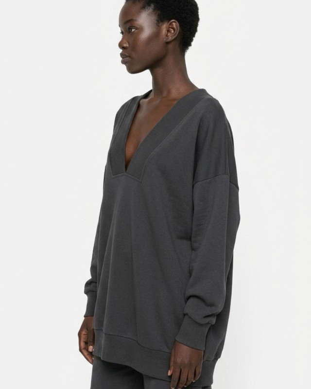 Μπλούζα φούτερ αχνούδιαστο μακρυμάνικο oversized με ανοιχτή "V" λαιμόκοψη ανθρακί