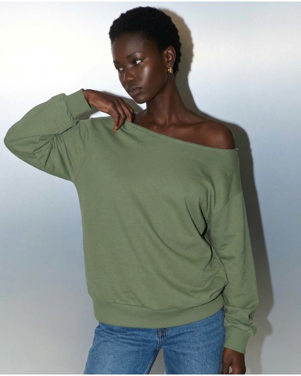 Μπλούζα φούτερ αχνούδιαστο oversized με ανοιχτή λαιμόκοψη χακί
