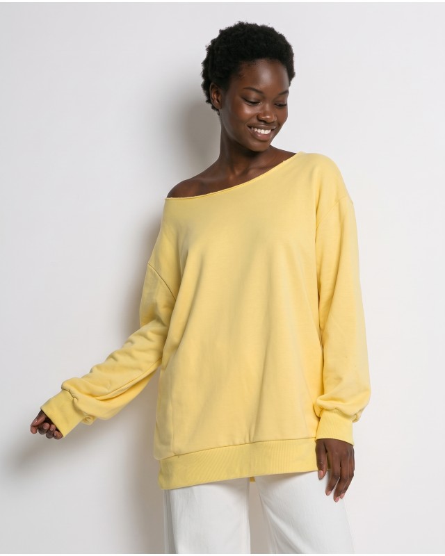 Μπλούζα φούτερ αχνούδιαστο oversized με ανοιχτή λαιμόκοψη κίτρινο