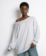 Μπλούζα φούτερ αχνούδιαστο oversized με ανοιχτή λαιμόκοψη γκρι μελανζέ