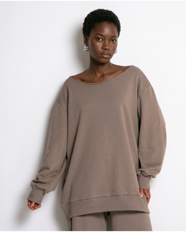 Μπλούζα φούτερ αχνούδιαστο oversized με ανοιχτή λαιμόκοψη πούρο