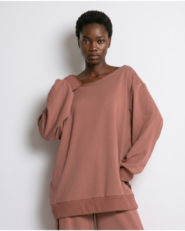 Μπλούζα φούτερ αχνούδιαστο oversized με ανοιχτή λαιμόκοψη χακί