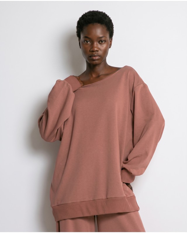 Μπλούζα φούτερ αχνούδιαστο oversized με ανοιχτή λαιμόκοψη σάπιο μήλο