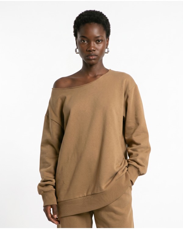 Μπλούζα φούτερ αχνούδιαστο oversized με ανοιχτή λαιμόκοψη χακί