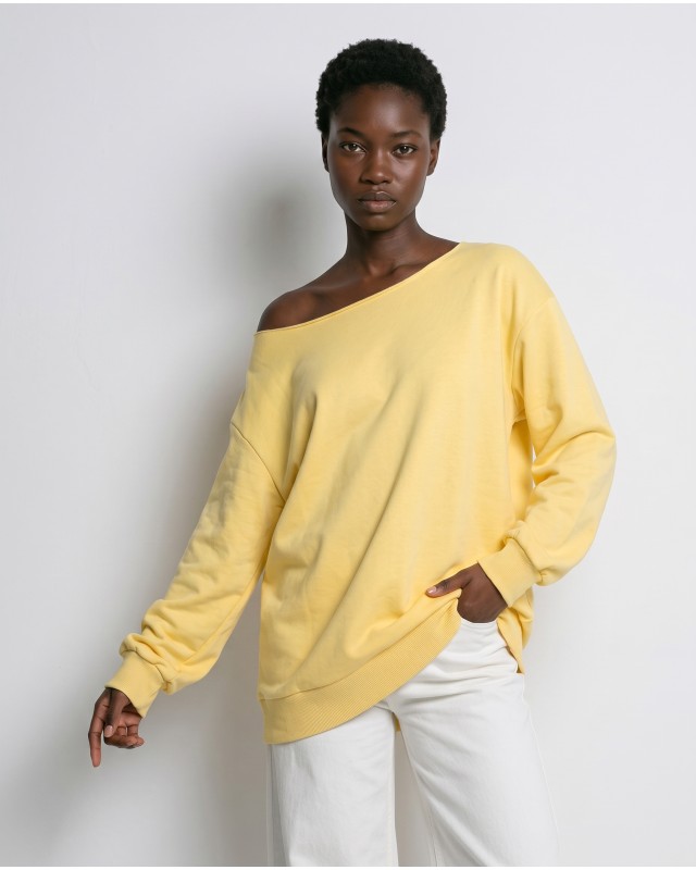 Μπλούζα φούτερ αχνούδιαστο oversized με ανοιχτή λαιμόκοψη κίτρινο