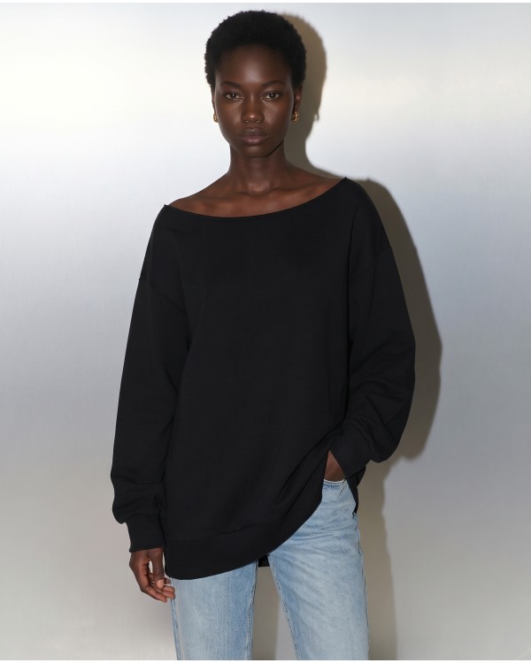 Μπλούζα φούτερ αχνούδιαστο oversized με ανοιχτή λαιμόκοψη χακί