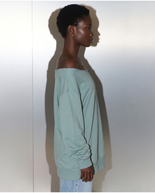 Μπλούζα φούτερ αχνούδιαστο oversized με ανοιχτή λαιμόκοψη σιέλ