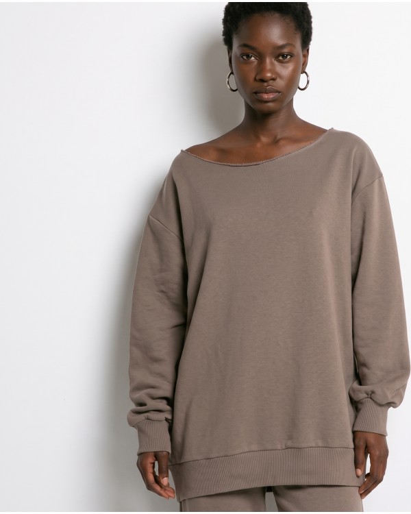 Μπλούζα φούτερ αχνούδιαστο oversized με ανοιχτή λαιμόκοψη χακί