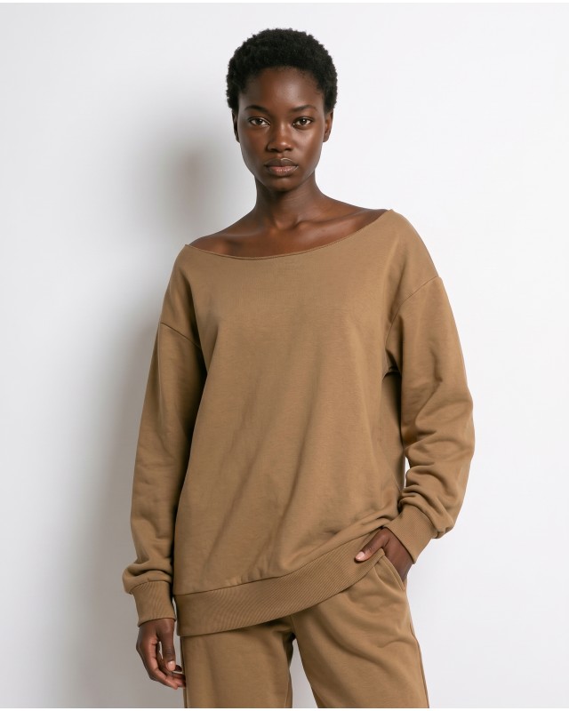 Μπλούζα φούτερ αχνούδιαστο oversized με ανοιχτή λαιμόκοψη sand