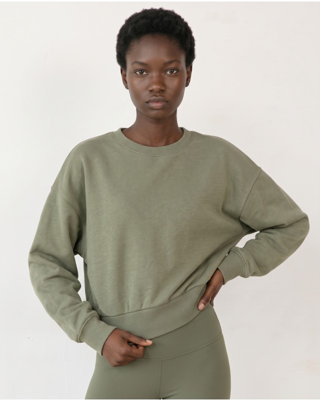 Cotton Relaxed Cropped Sweatshirt olive