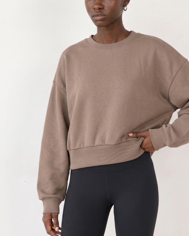 Cotton Relaxed Cropped Sweatshirt Mocha Brown