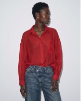 Oversized Sheer Button-Up Shirt red