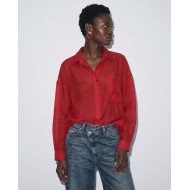Oversized Sheer Button-Up Shirt red