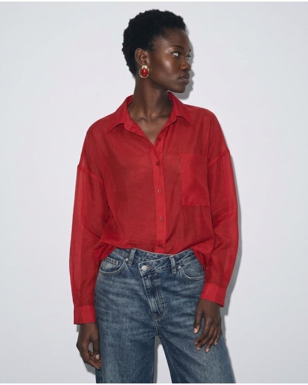 Oversized Sheer Button-Up Shirt red