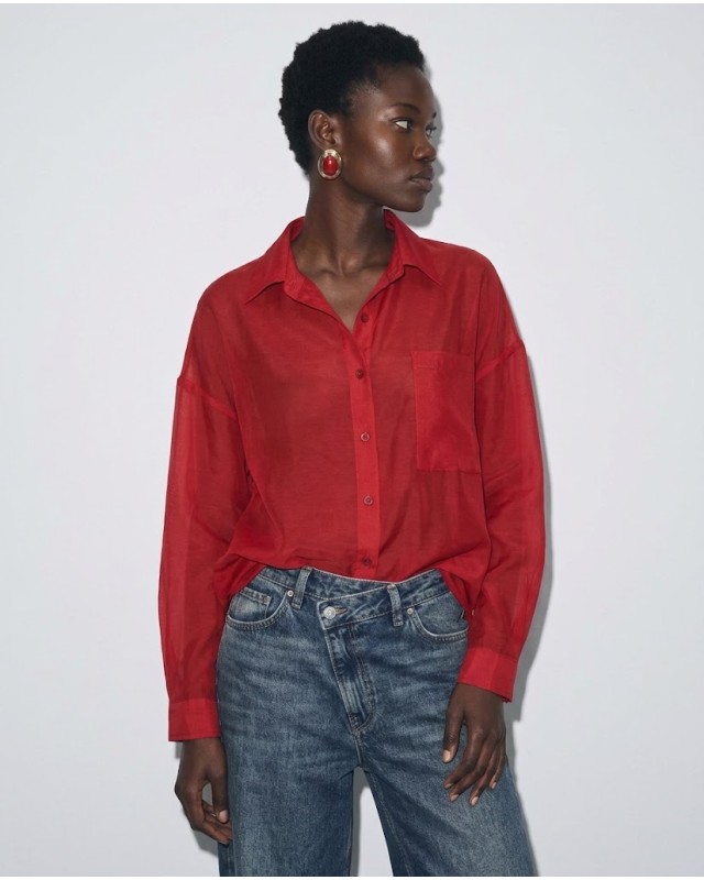 Oversized Sheer Button-Up Shirt red