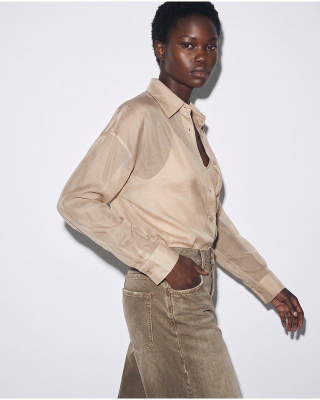 Oversized Sheer Button-Up Shirt beige