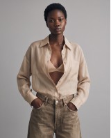 Oversized Sheer Button-Up Shirt beige