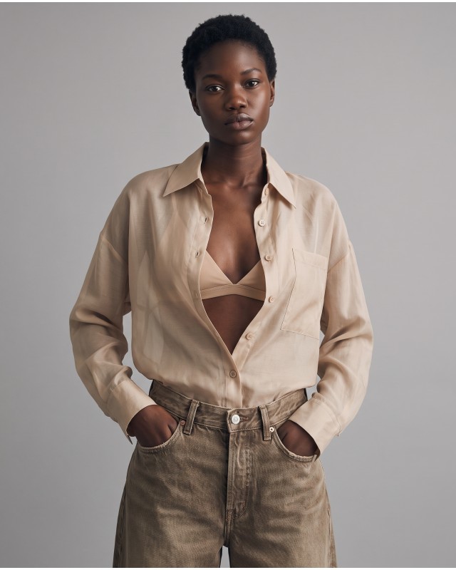 Oversized Sheer Button-Up Shirt beige