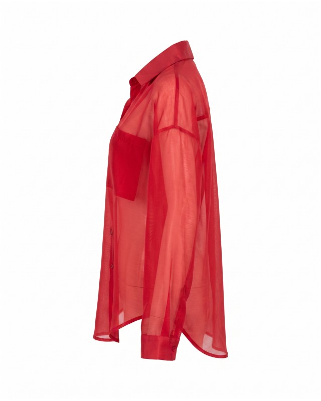 Oversized Sheer Button-Up Shirt red