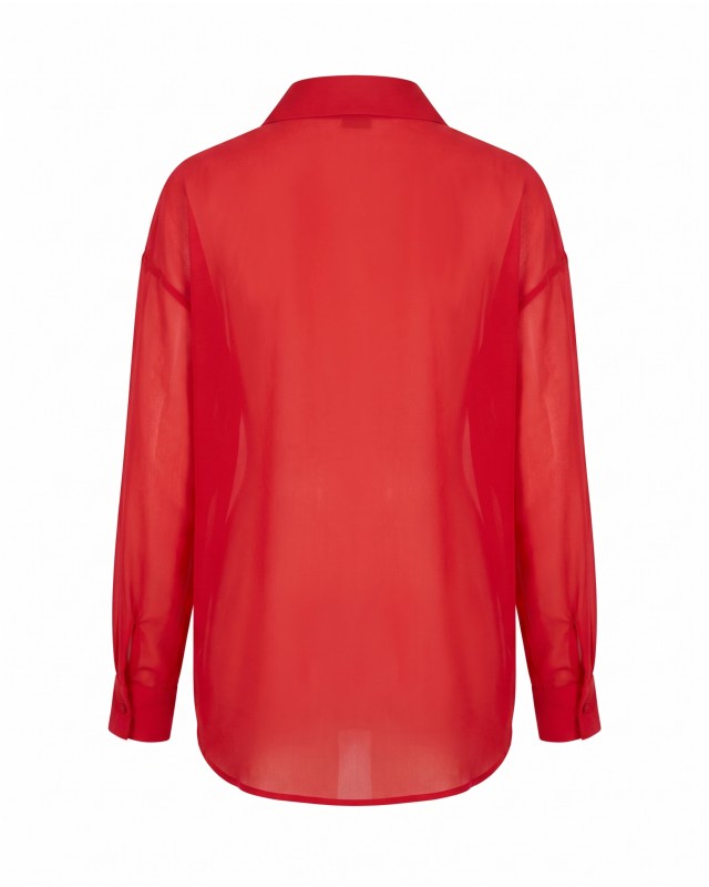 Oversized Sheer Button-Up Shirt red