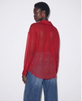 Oversized Sheer Button-Up Shirt red