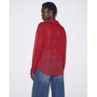 Oversized Sheer Button-Up Shirt red
